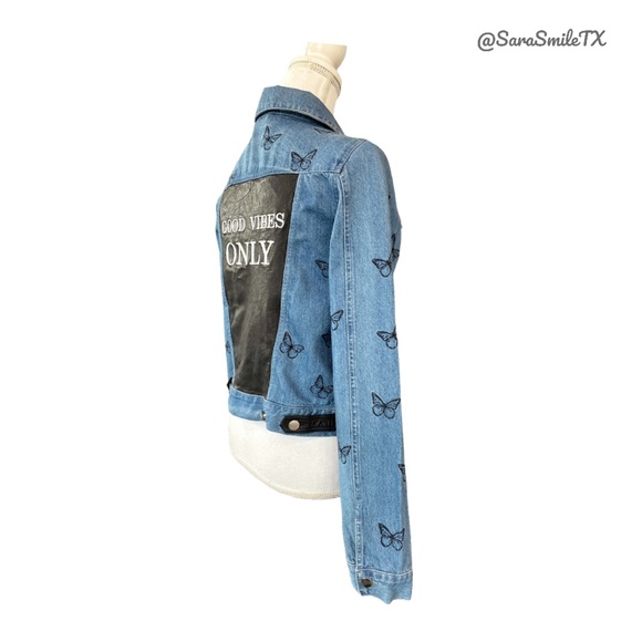 SAMANTHA SIPOS - Good Vibes Only - Embroidered Butterfly Denim & Leather Jacket - Picture 10 of 16